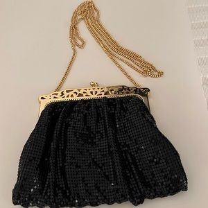 Whiting and Davis black sequin evening purse w gold chain